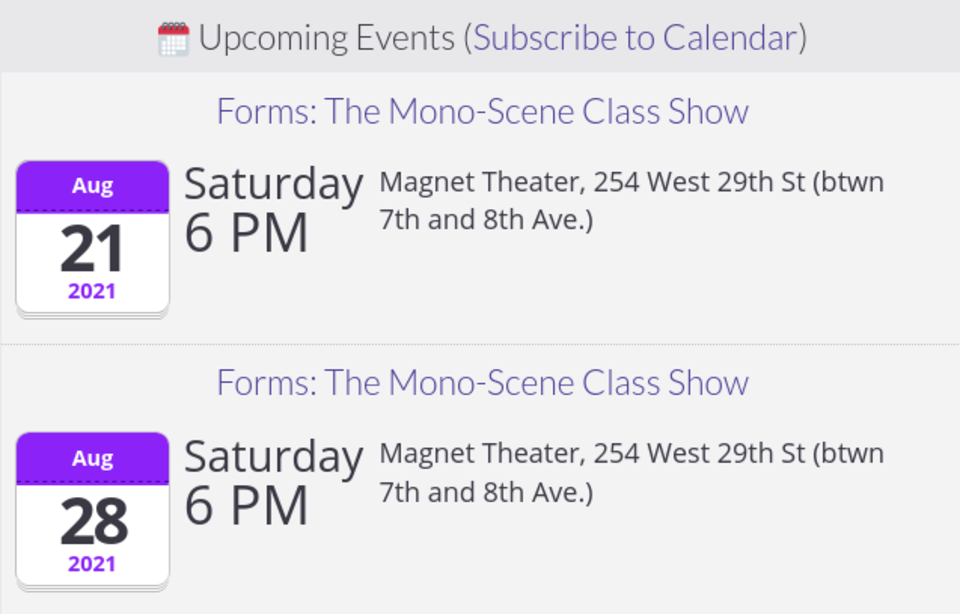 Screenshot of a list of upcoming events from this site's homepage. Show details and links in this post.