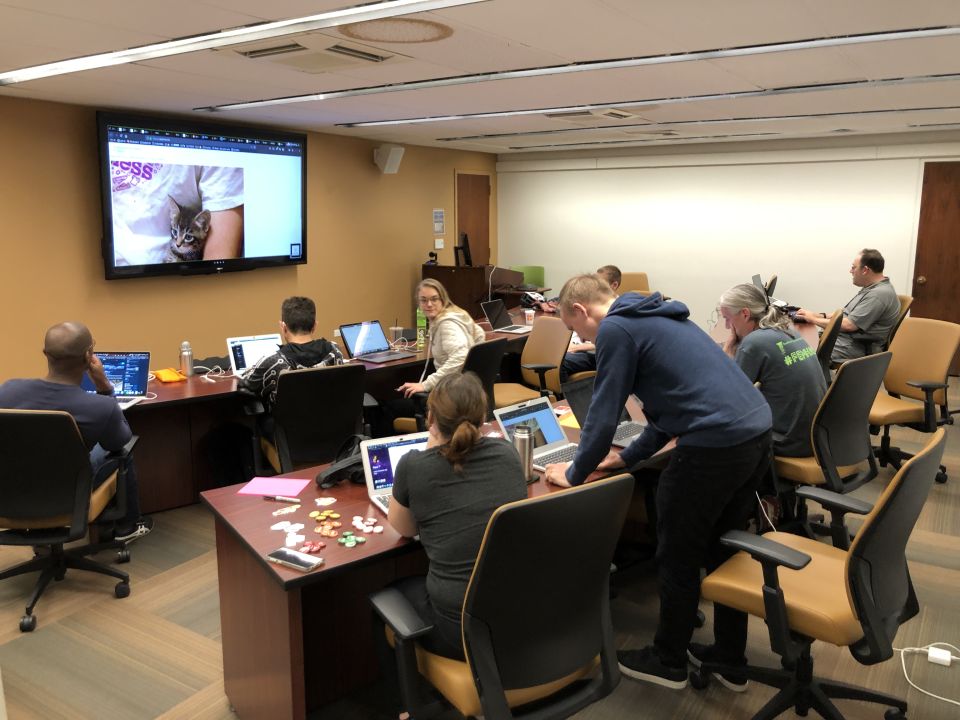 8 people in a conference room facing a large screen on the wall. one is standing at a laptop running their demo. the screen shows a photo of a kitten sitting under a person's arm.