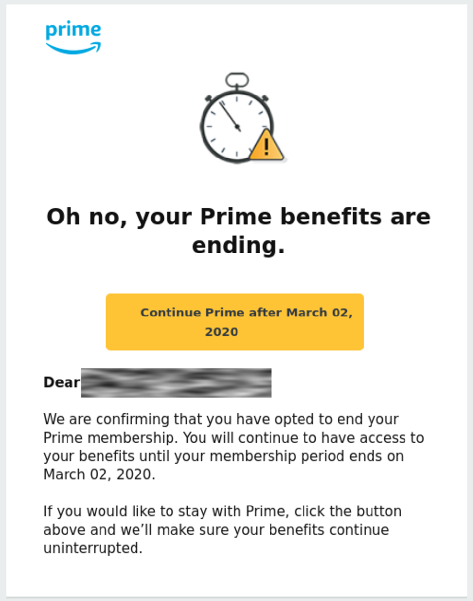 Screenshot of an email with the heading "Oh no, your Prime benefits are ending."