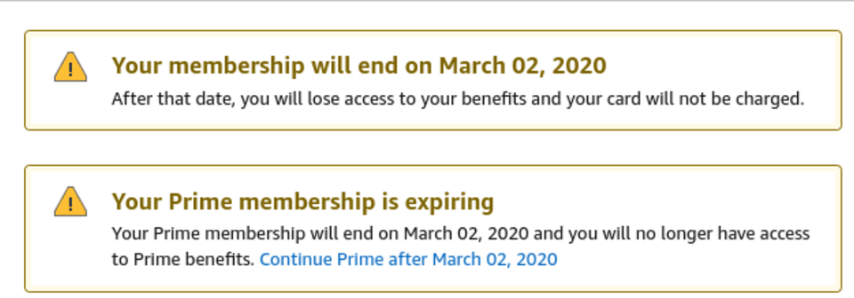 Screenshot of two stacked Amazon alerts about a Prime Membership expiring.