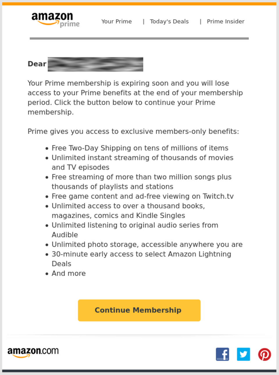 Screenshot of an email listing the benefits to be lost when a Prime Membership expires