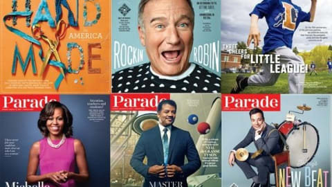 A collection of six Parade magazine covers are arranged three to a row.