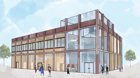 3D rendered building plan of a proposed redesigned Community Justice Center. The building is dark grey with light blue glass panels.