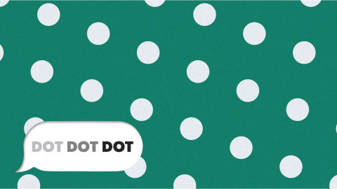 Logo of the Dot Dot Dot exhibition spelling out the name of the show in three shades of gray, starting from light to dark. The logo is inside a speech bubble in the lower left corner of the image, reminiscent of the appearance of text conversations. Behind the logo is a green background with off-white polka dots in a diagonal grid pattern.