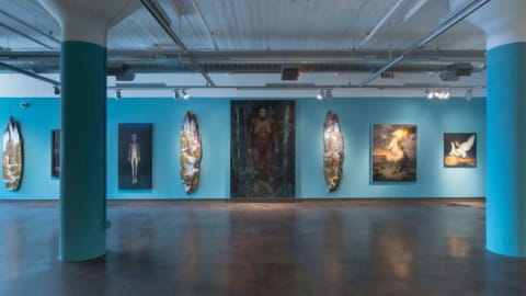 A gallery of pictures displaying an ape in the center . Pillars and walls painted blue.