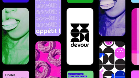 Collages mobile screens with various type, logo and image designs in blue, pink, purple and green.