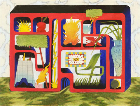 An illustration of a multi-compartment container or home, with a different object or plant in each compartment
