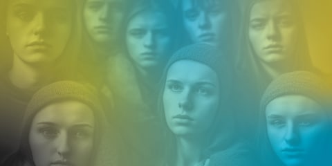 Eight floating faces made by Artificial Intelligence app, with blue and green hued overlay.