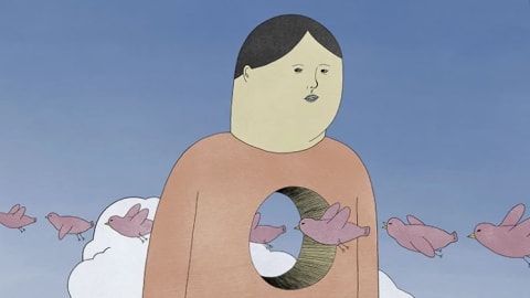 Illustration by Tae Kim, MFAI, featuring one human figure in a beige shirt and blue pants standing middle of the image with a hole on his chest. There are pink birds passing through the hole in the blue sky and white clouds background.