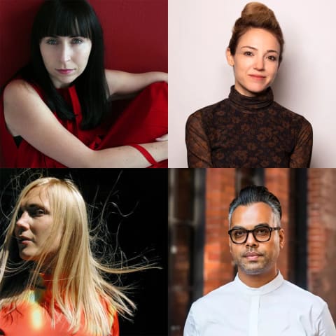 Four portrait photographs, clockwise from the upper left: A woman with long dark hair dressed in red looks directly at the camera. A woman with brown hair in a bun is posed neutrally for the camera against a white background. A man in a white shirt with salt an pepper hair poses neutrally for the camera in front of a brick wall. A woman with long blonde hair and a red shirt stands in front of a black background, looking away from the camera.