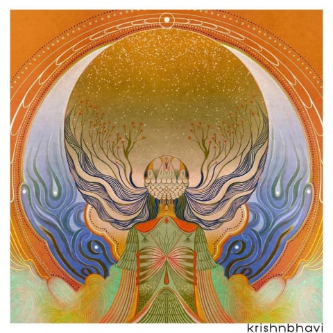 An illustration of a figure facing away in a green top abstracted by petal shapes all over their body and clothes. Their hair flows out to form a circle above them, that also encapsulates their head, like a halo.