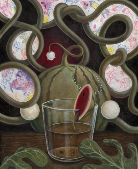 A drawing of a watermelon with tendrils coming out of it and filling the page. In front of it is a glass with seeds sprouting