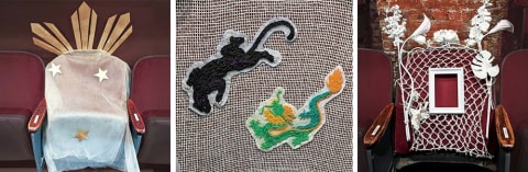 Three images left to right: a theater chair with stars on it, a close up of a beaded panther and dragon, a theater chair with a white net and flowers over it