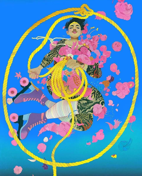 An illustration of a person in a printed jumpsuit with purple roller skates on framed by a lasso and flower petals.