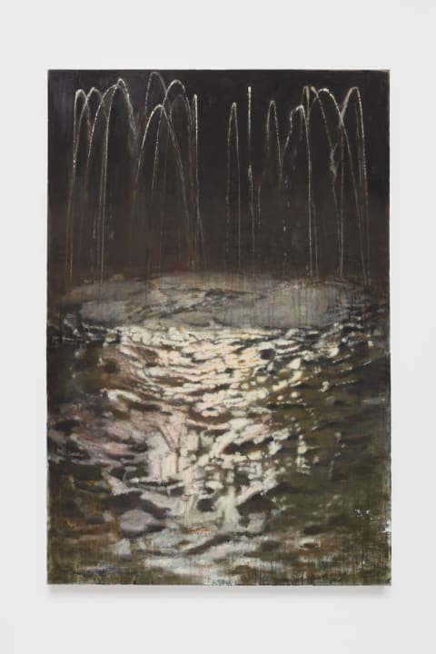 A painting of an up-close view of a water fountain, it is mostly green and brown