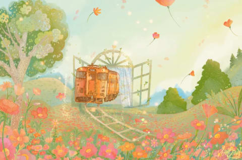 An illustration of a train driving through a magically suspended window in a field of flowers