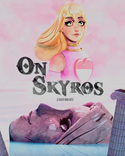 A movie poster featuring a girl with long blonde hair and a pink shirt on over the words "On Skyros" in black. The background is a pink scene of a large head pf a statue half submerged in blue water.