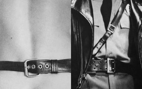 Two images, left to right: the bare back of a person with a black leather belt against it, a close-up image of the torso of a uniformed officer. 