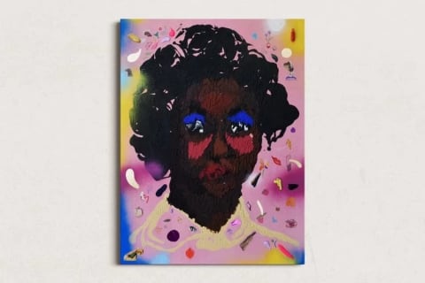 A painting of a woman with bright blue eye shadow and red cheeks in a collared shirt. Behind her is on a pink background with yellow, blue and purple soft spots of color.