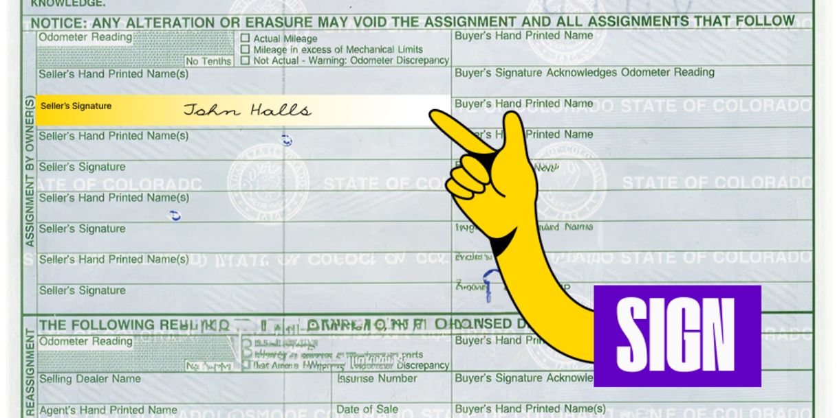Back of the title (right below) - Sign your name on the line labeled 'Seller's Signature'