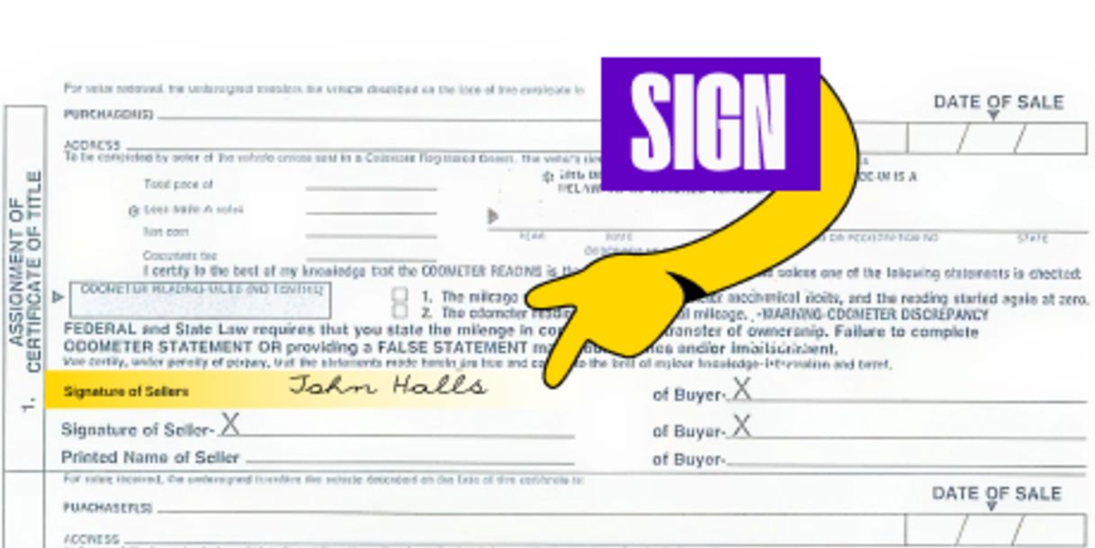 Back of the title (top left) - Sign your name on the line labeled 'Signature of Seller'
