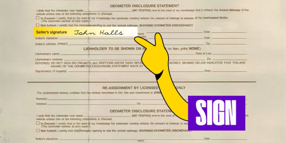 Back of the title (top half) - Sign your name on the line labeled 'Seller's Signature'