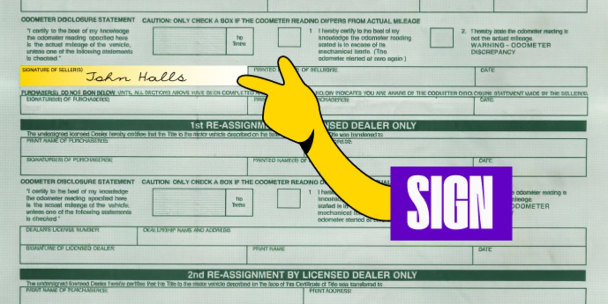 Back of the title (top half) - Sign your name in the box labeled 'Signature(s) of Seller(s)'