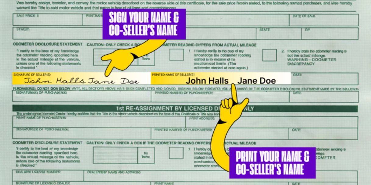 More than one owner? All owners listed on the front of the title must sign the title.
