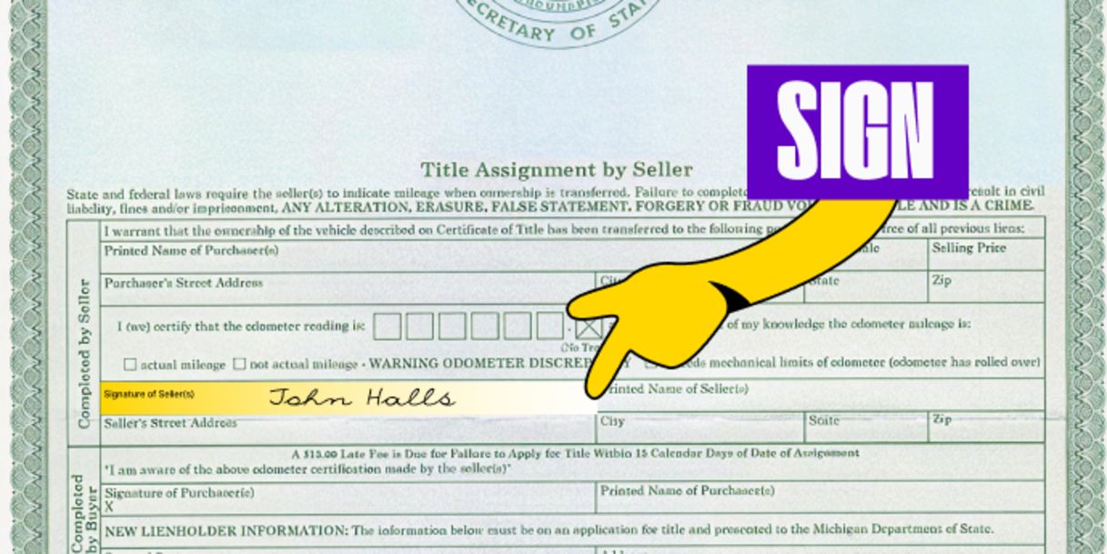 Front of the title (bottom half) - Sign your name in the box labeled 'Signature of Seller(s)'