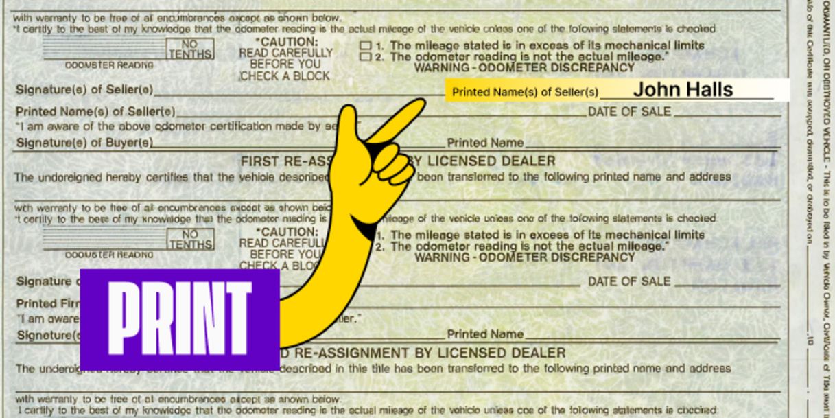 Back of the title (right below where you signed) - Print name(s) on the line labeled 'Printed Names(s)'