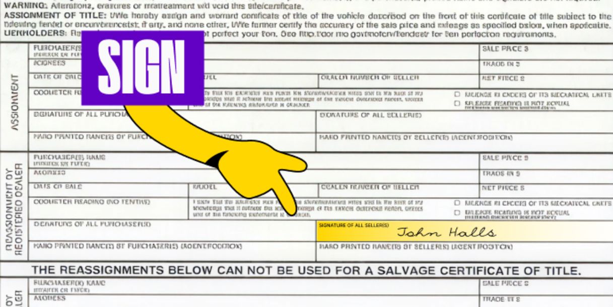 Back of the title (top right) - Sign your name in the box labeled 'Signature(s) of All Seller(s)'