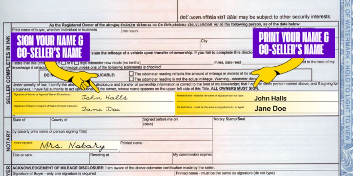More than one owner? All owners listed on the front of the title must sign the title.