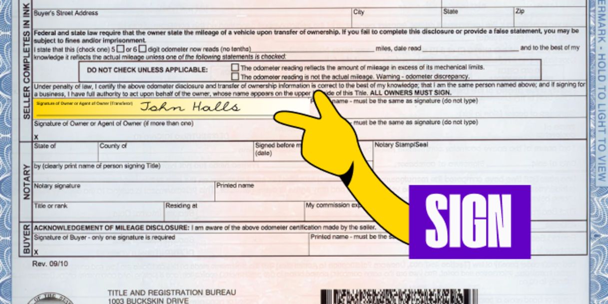 Front of the title (bottom left) - Sign your name on the line labeled 'Signature of Owner or Agent of Owner (Transferor)'