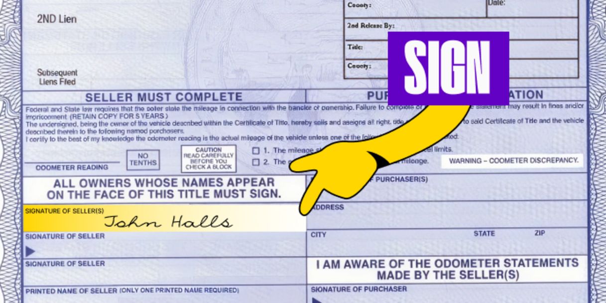 Front of the title (bottom left) - Sign your name in the box labeled 'Signature of Seller(s)'