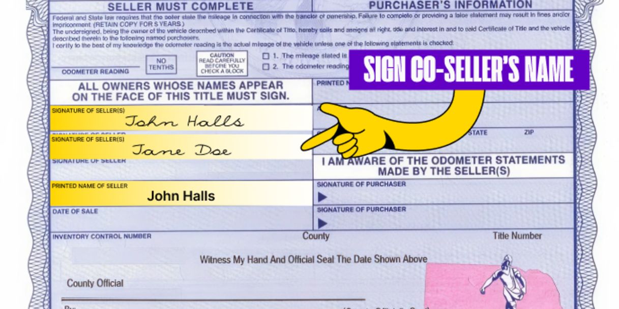 More than one owner? All owners listed on the front of the title must sign the title.