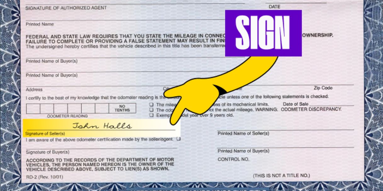 Front of the title (bottom half) - Sign your name on the line labeled 'Signature of Seller(s)'