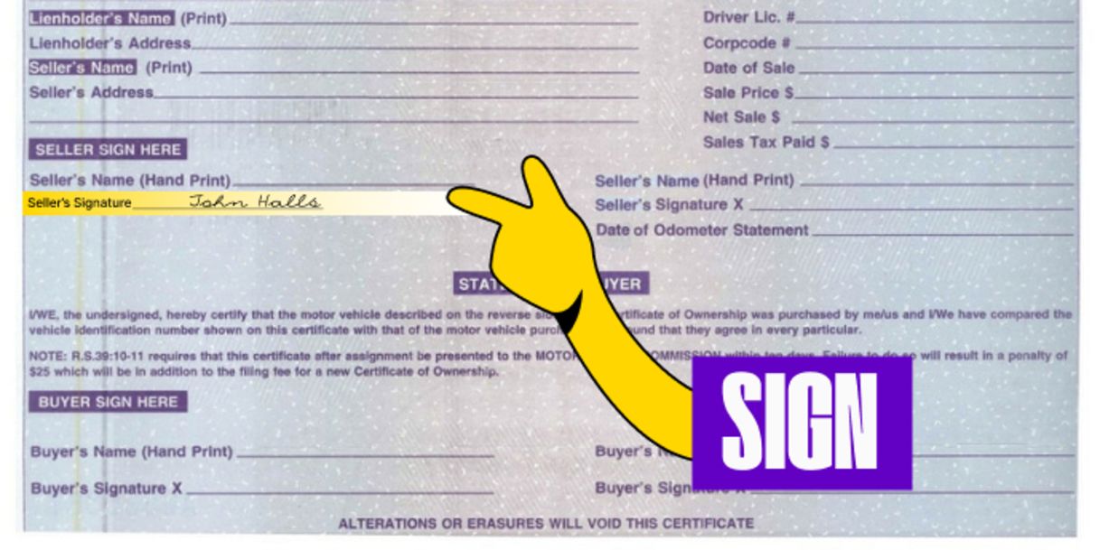 Back of the title (right below) - Sign your name on the line labeled 'Seller's Signature'