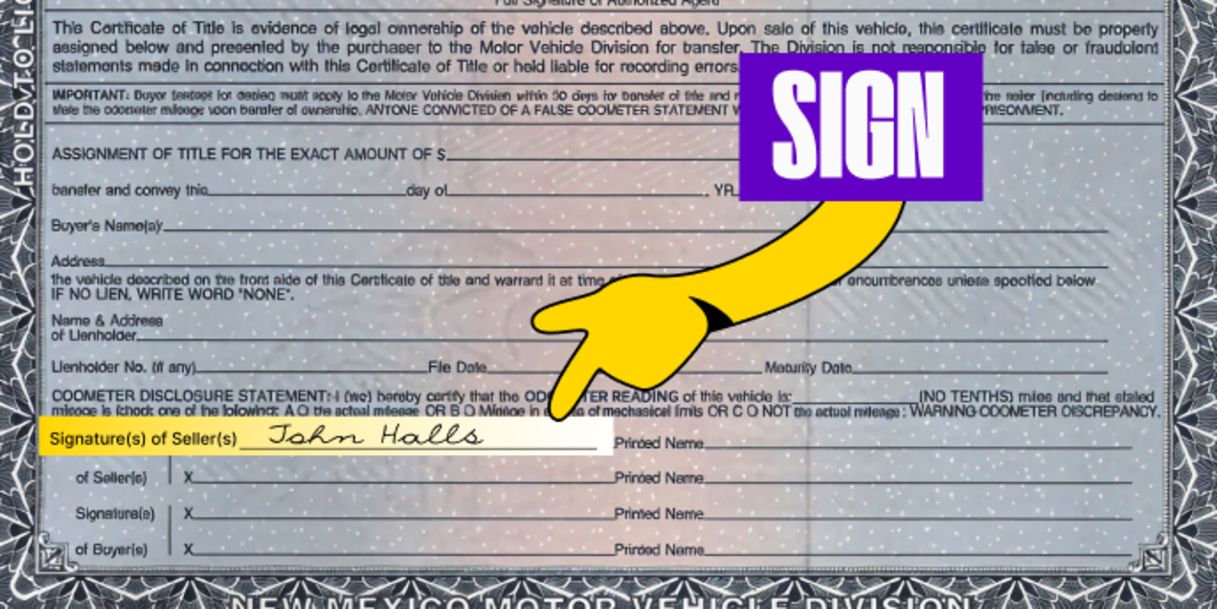 Front of the title (bottom half) - Sign your name on the line labeled 'Signature(s) of Seller(s)'