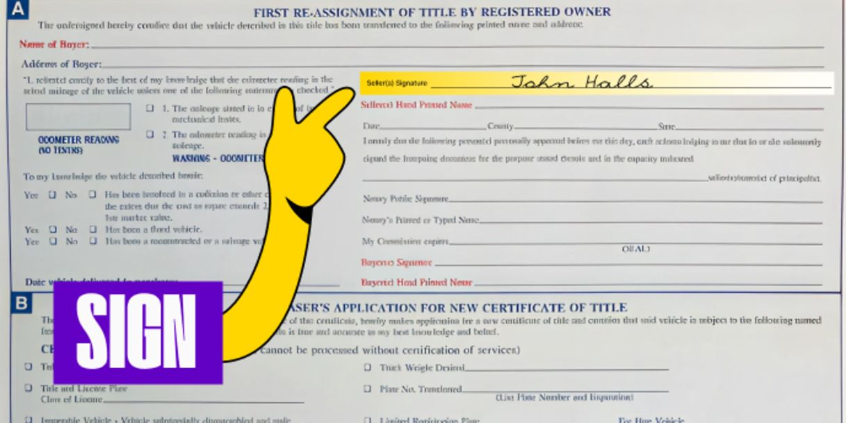 Back of the title (top right) - Sign your name on the line labeled 'Seller(s) Signature'