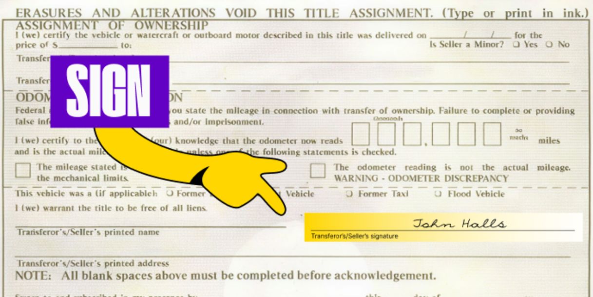 Back of the title (next to where you printed your name) - Sign your name on the line labeled 'Sellers Signature'