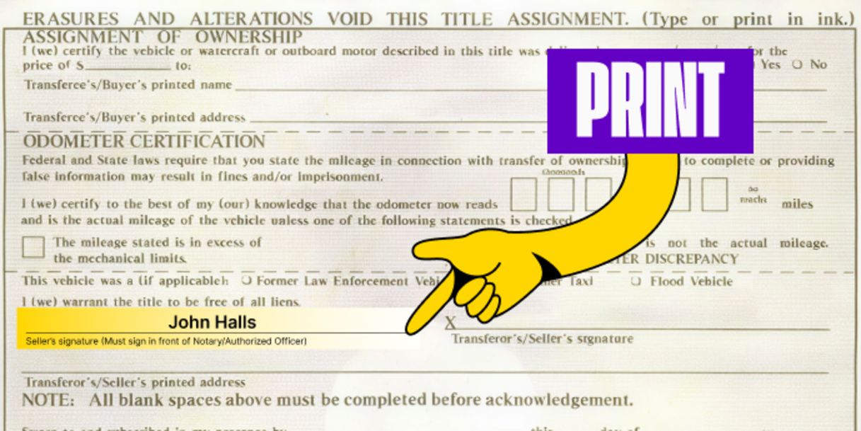 Back of the title (top half) - Print your name on the line labeled 'Transferor's/Seller's Printed Name'