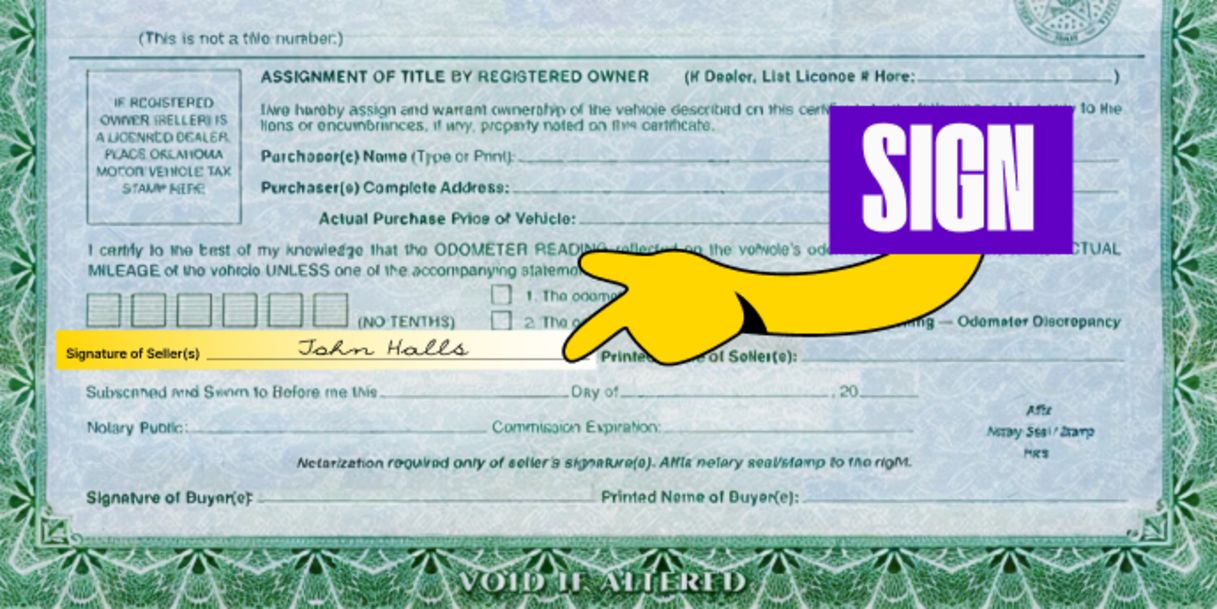 Front of the title (bottom left) - Sign your name in the box labeled 'Signature of Seller'
