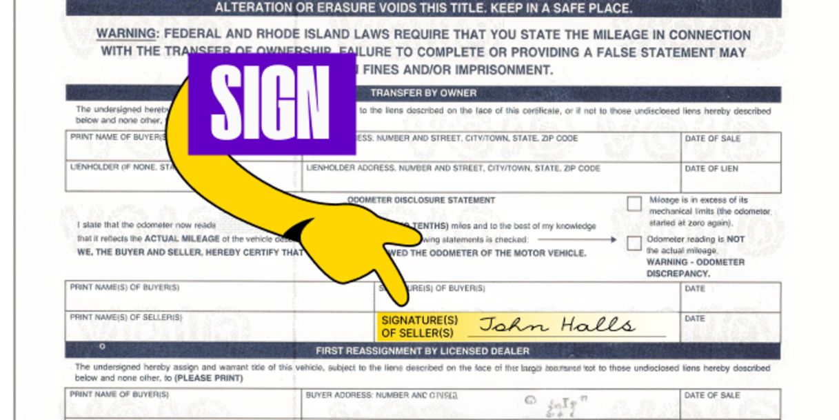 Back of the title (right below) - Sign your name on the line labeled 'Signature(s) of Seller(s)'