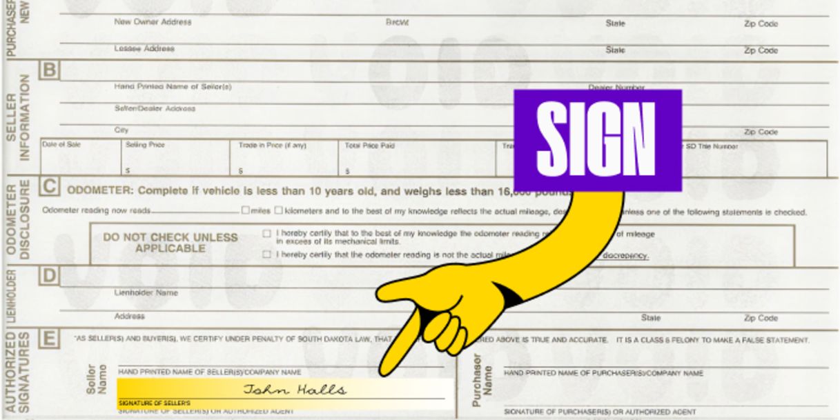 Back of the title (right below) - Sign your name(s) on the line labeled 'Signature of Seller(s) or Authorised Agent(s)'