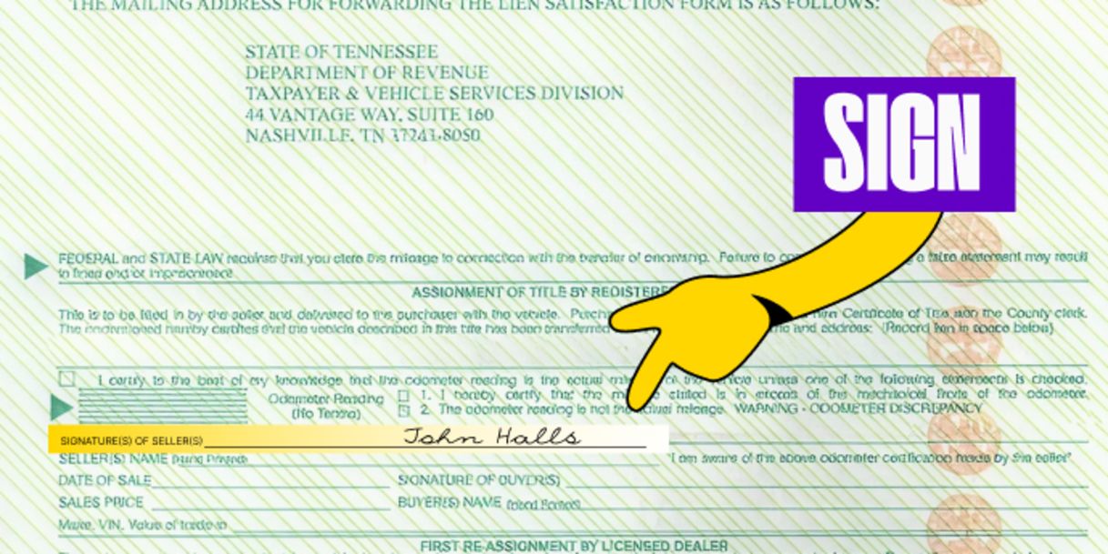 Back of the title (middle) - Sign your name on the line labeled 'Signature and Address of Seller(s)'
