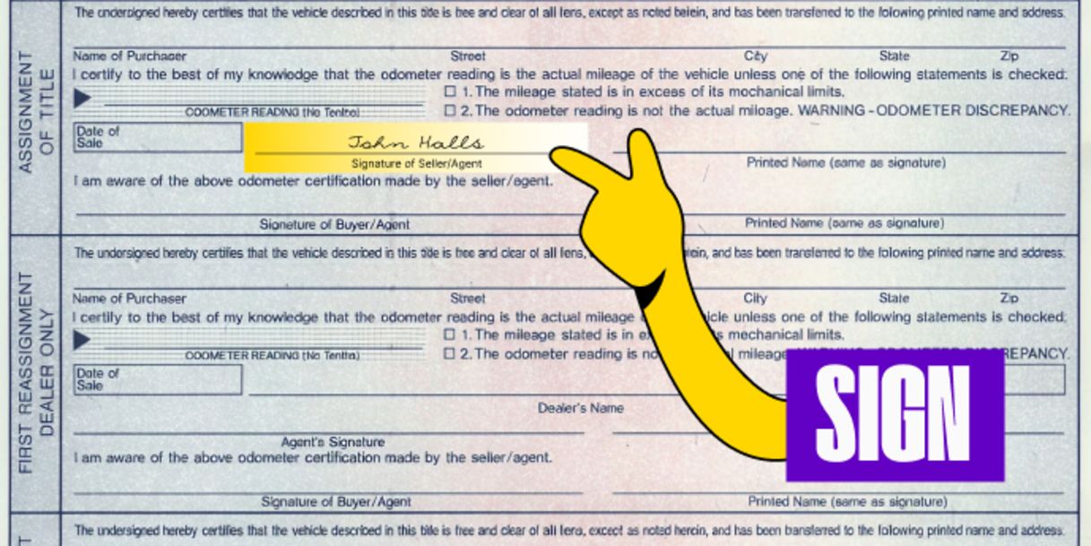 Back of the title, first section - Sign your name(s) on the line where it reads 'Signature of Seller/Agent'