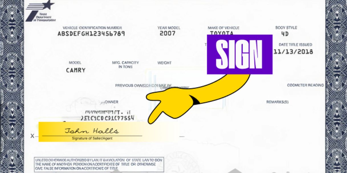 Front of the title (top half on the left) - Sign your name(s) on the line labeled 'Signature of Seller/Agent'