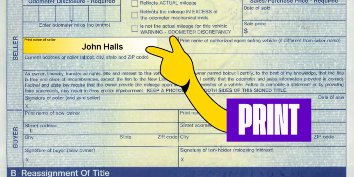 Back of the title (top half in Section A) - Print name(s) in the box labeled 'Print Name of Seller'