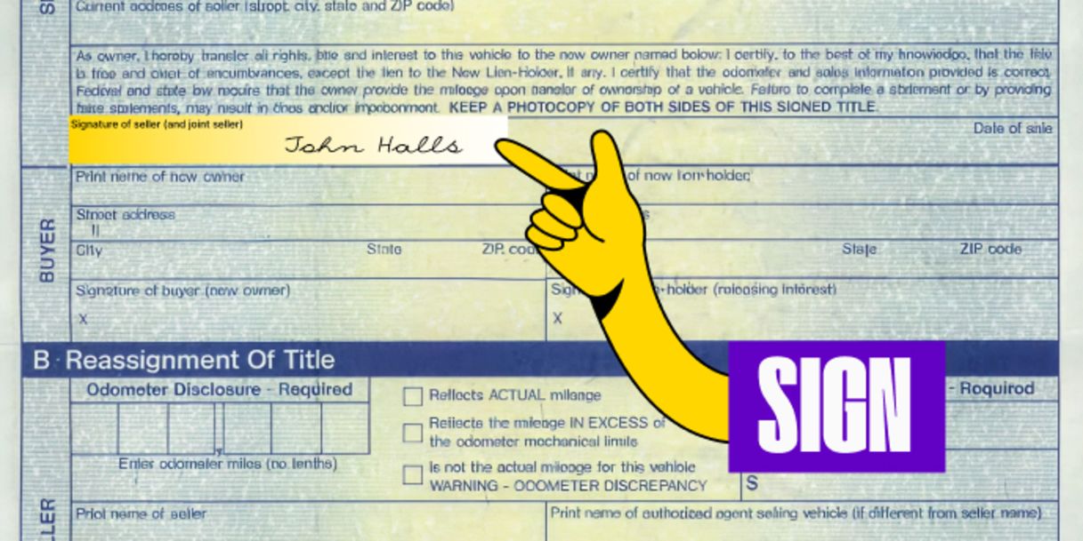 Back of the title (right below) - Sign name(s) on the line where it reads 'Signature of Seller (and Joint Seller)'