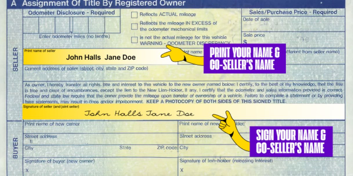 Multiple owners? Only one owner must sign if title states 'OR' between owner names printed on the front of the title. Both owners must sign if title states "AND" or "AND/OR" between owner names, or if nothing is listed between owner names.